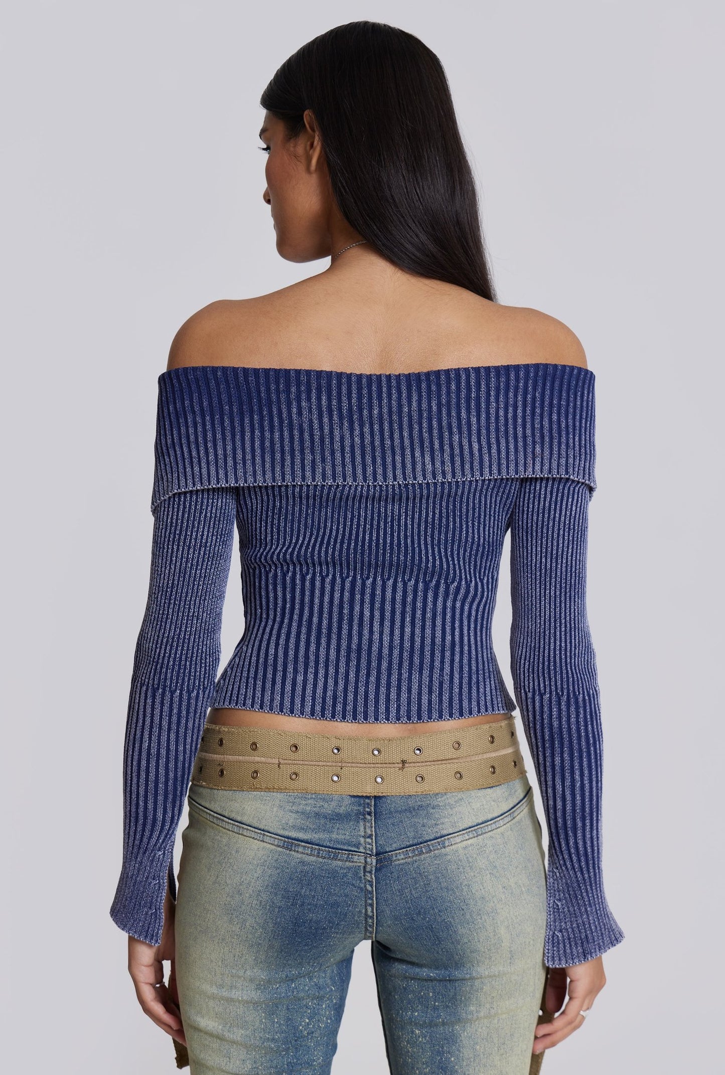 Tribeca Blue Ribbed Off The Shoulder Knit