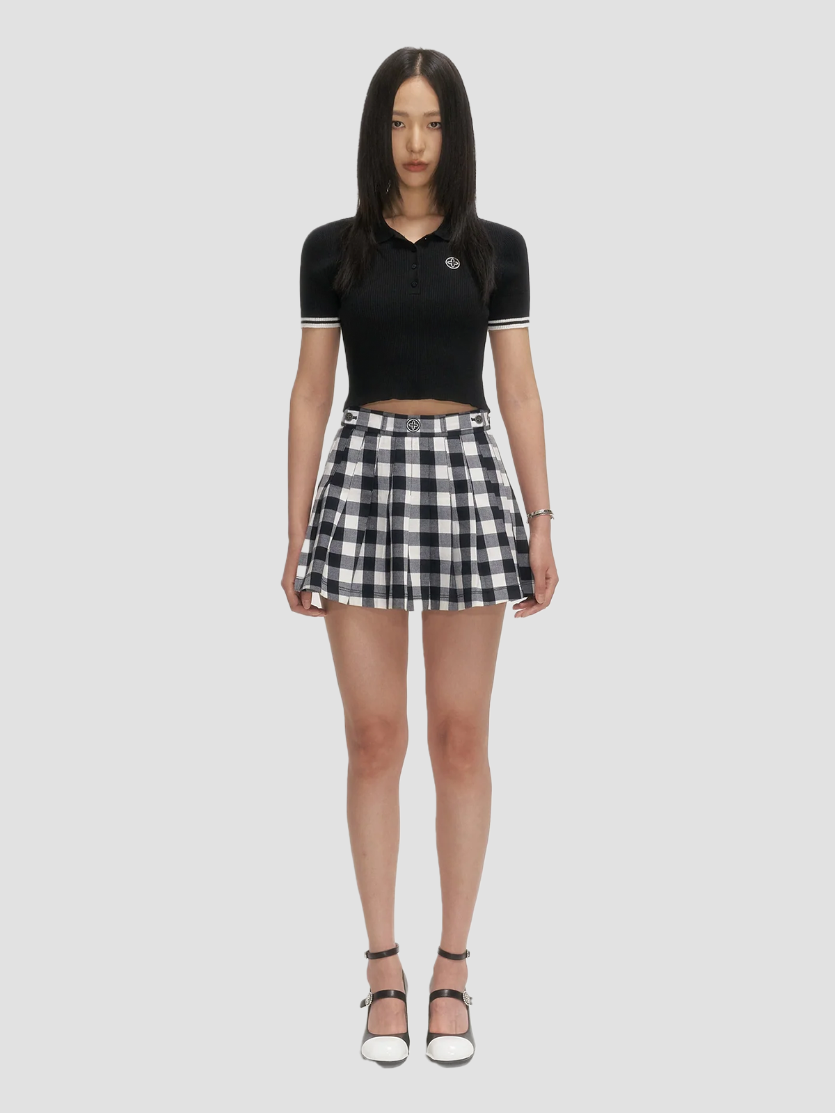 GRASSLAND BLACK AND WHITE CHECKERED PLEATED SKIRT