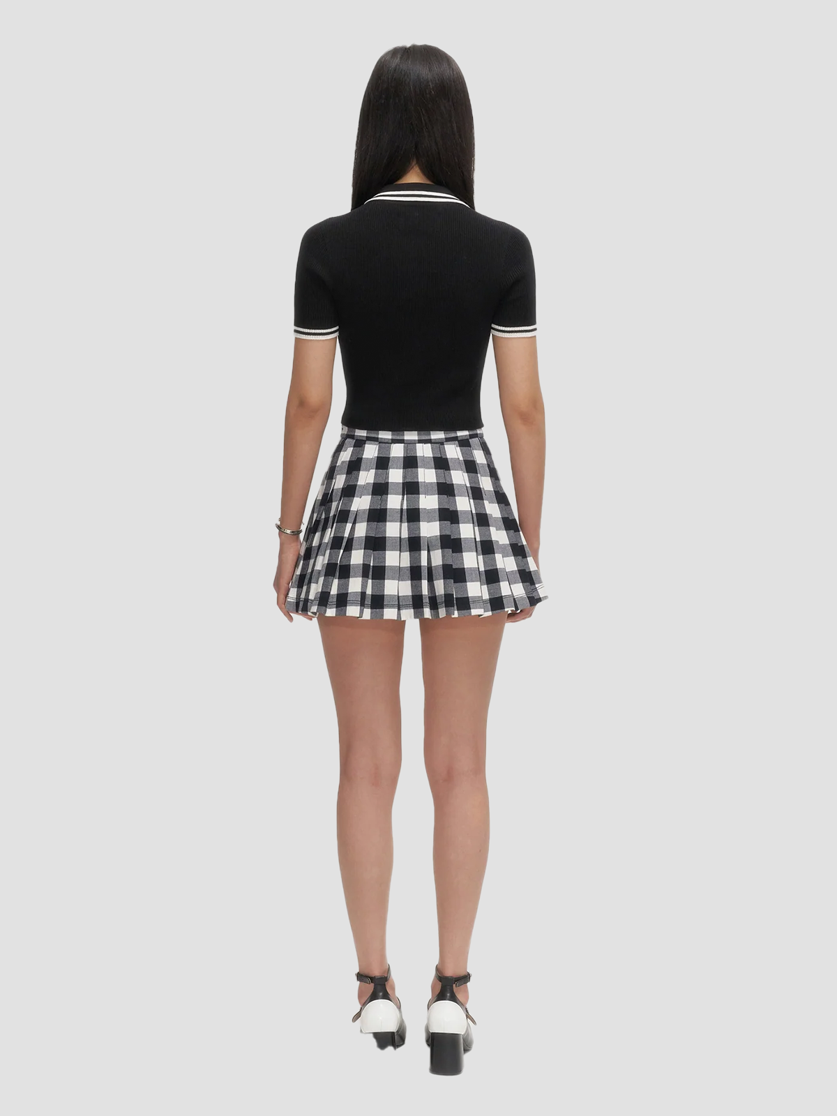 GRASSLAND BLACK AND WHITE CHECKERED PLEATED SKIRT